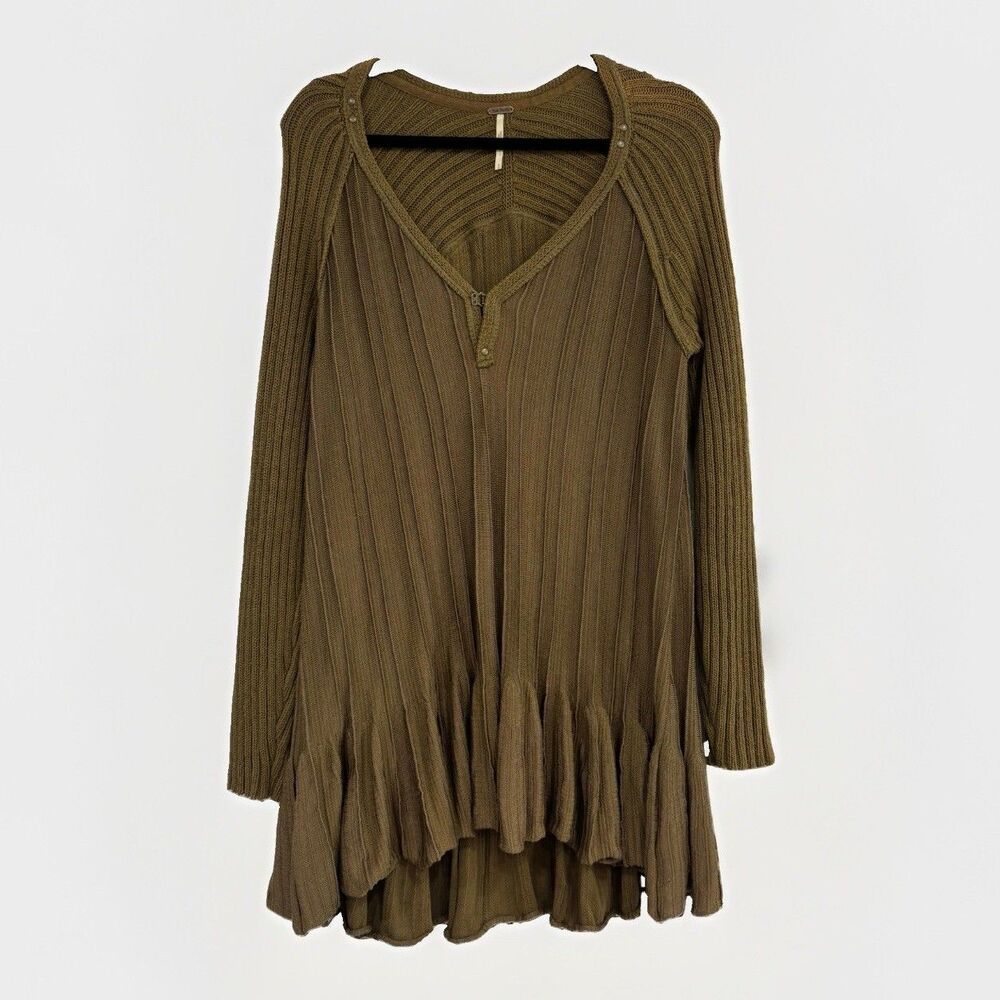 Free People Tunic Womens Size Small Sweater Ribs Ruffles Olive Green Long Sleeve
